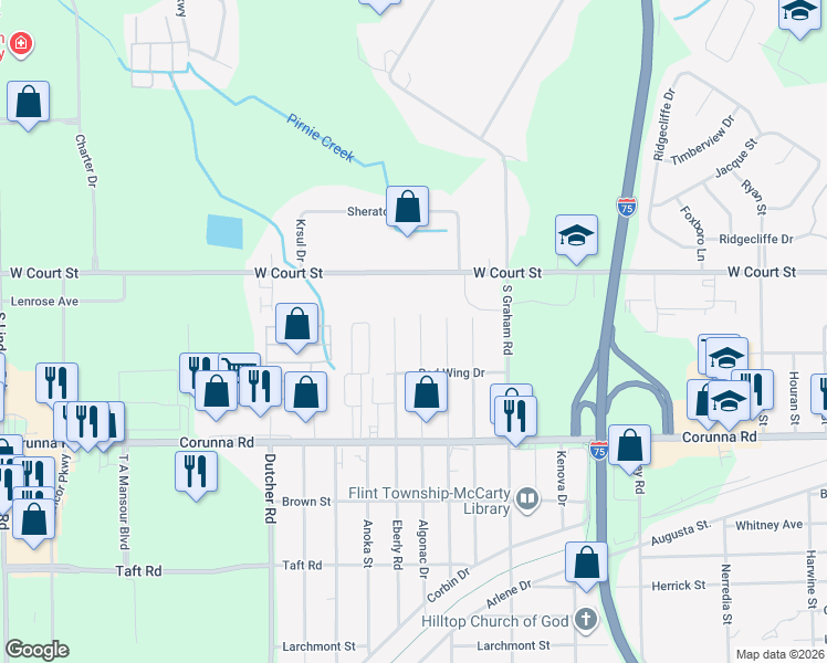 map of restaurants, bars, coffee shops, grocery stores, and more near 1535 Eberly Road in Flint