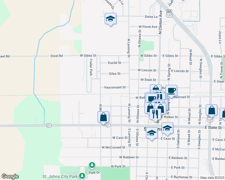 map of restaurants, bars, coffee shops, grocery stores, and more near 601 Vauconsant Street in Saint Johns