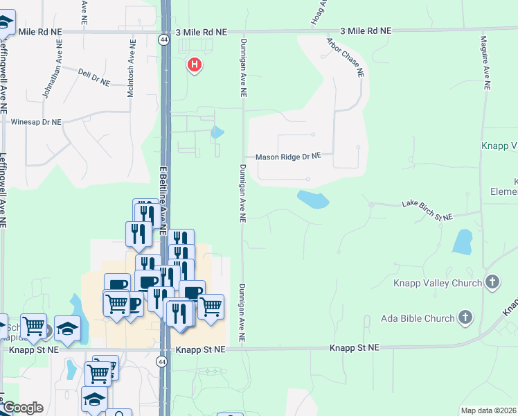 map of restaurants, bars, coffee shops, grocery stores, and more near 3443 Mason Lake Road Northeast in Grand Rapids