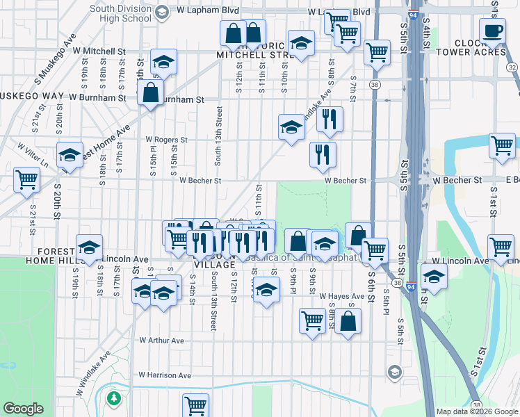 map of restaurants, bars, coffee shops, grocery stores, and more near 2166-2168 South 11th Street in Milwaukee
