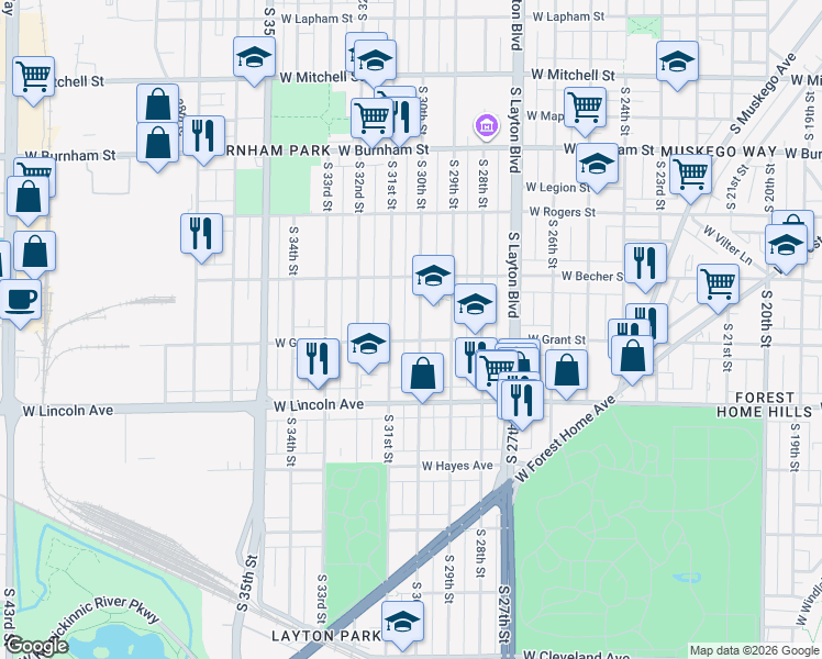 map of restaurants, bars, coffee shops, grocery stores, and more near 2176 South 31st Street in Milwaukee