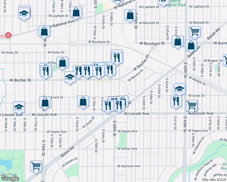 map of restaurants, bars, coffee shops, grocery stores, and more near 2160 South 68th Street in West Allis