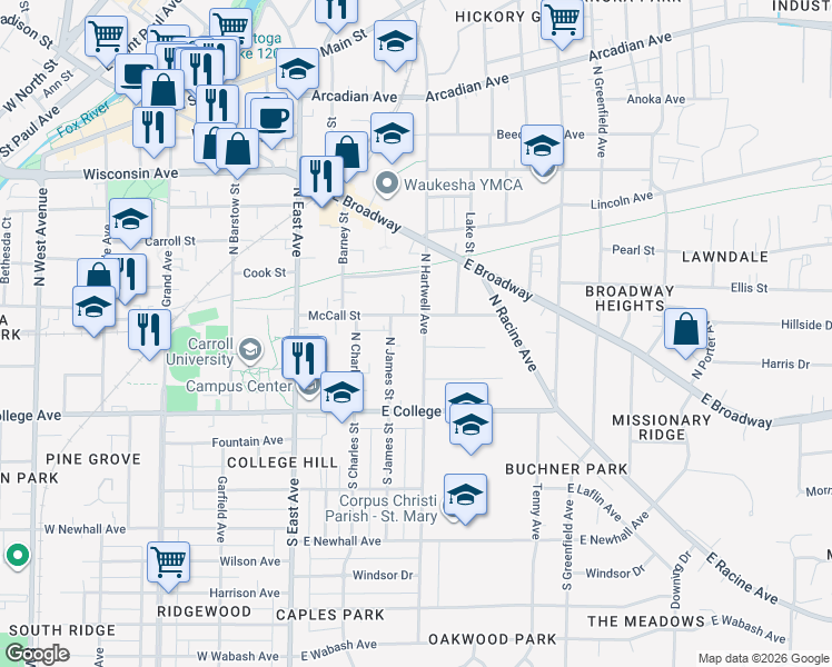 map of restaurants, bars, coffee shops, grocery stores, and more near 227 North James Street in Waukesha
