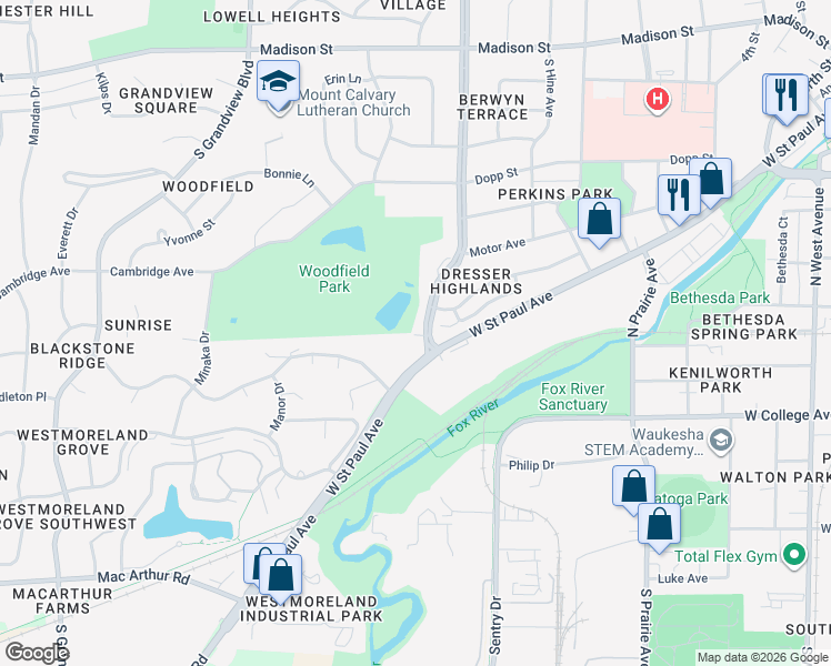 map of restaurants, bars, coffee shops, grocery stores, and more near 564 South Moreland Boulevard in Waukesha