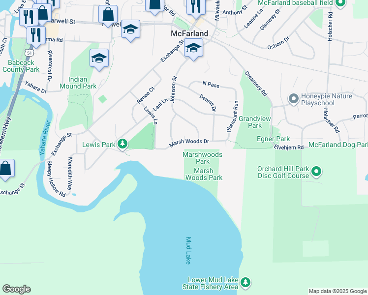 map of restaurants, bars, coffee shops, grocery stores, and more near 5307 Marsh Woods Drive in McFarland