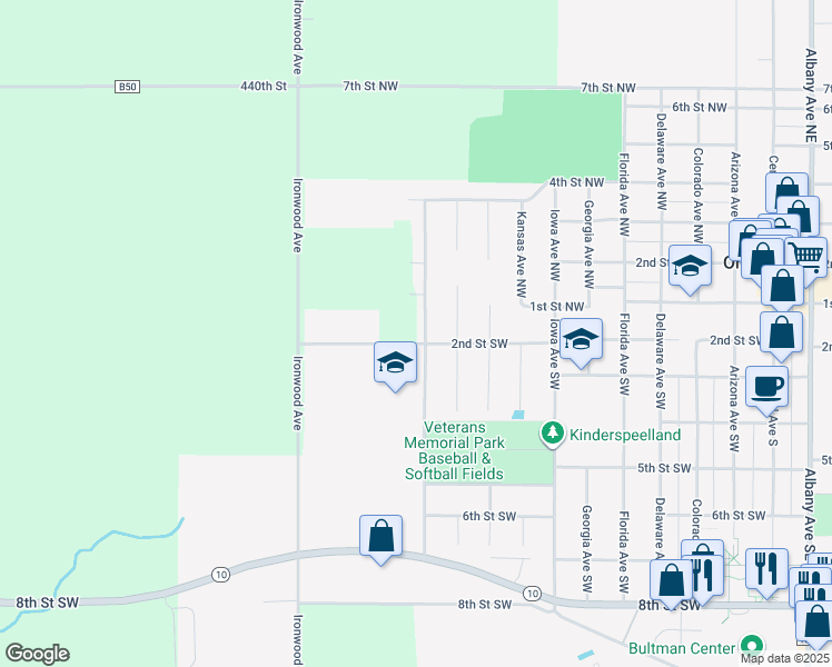 map of restaurants, bars, coffee shops, grocery stores, and more near 1107 2nd Street Southwest in Orange City