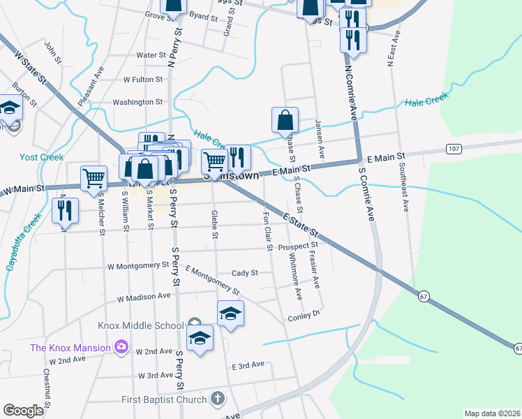 map of restaurants, bars, coffee shops, grocery stores, and more near 105 Fon Clair Street in Johnstown