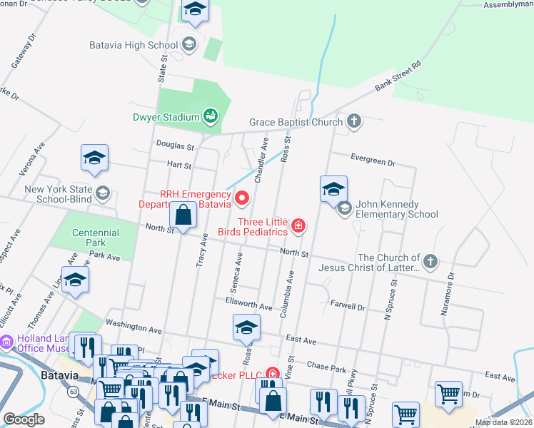 map of restaurants, bars, coffee shops, grocery stores, and more near 10 Chandler Avenue in Batavia