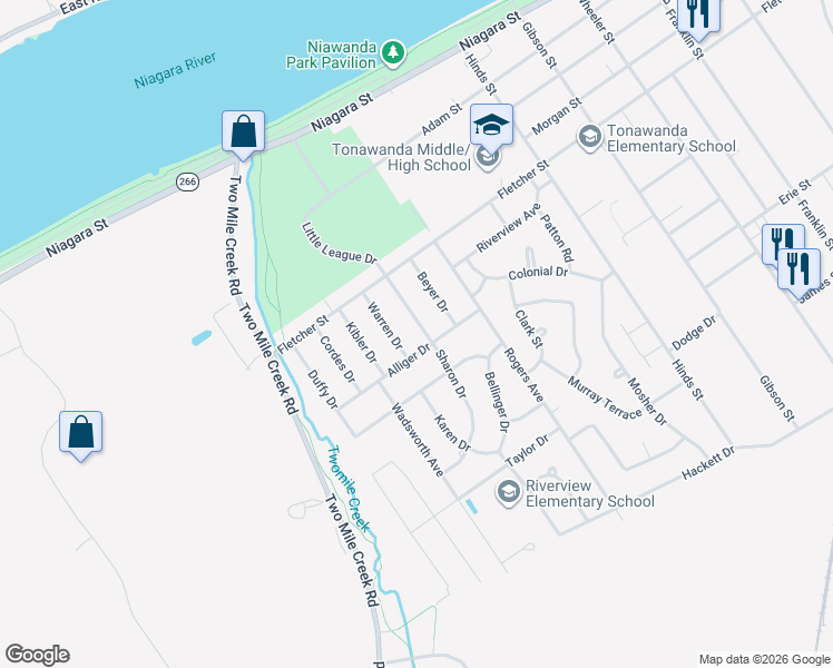 map of restaurants, bars, coffee shops, grocery stores, and more near 44 Alliger Drive in Tonawanda
