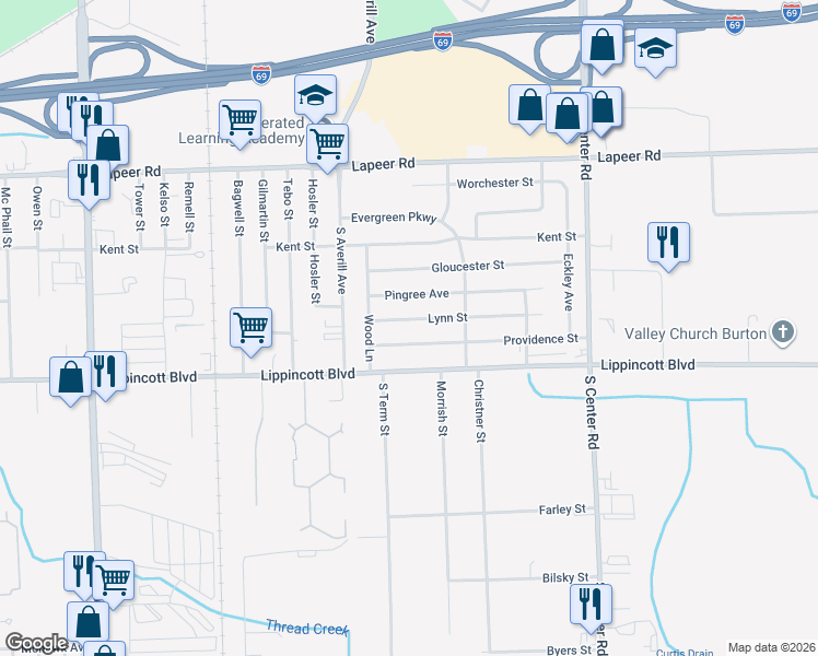 map of restaurants, bars, coffee shops, grocery stores, and more near 3601 Providence Street in Flint