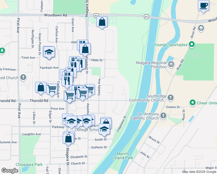 map of restaurants, bars, coffee shops, grocery stores, and more near 53 Virginia Street in Welland