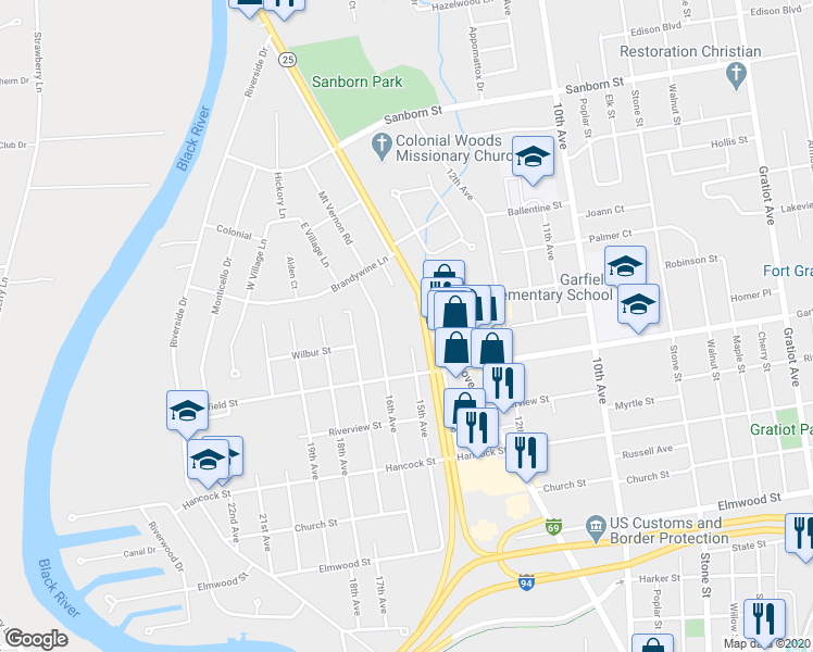 map of restaurants, bars, coffee shops, grocery stores, and more near 2905 15th Avenue in Port Huron