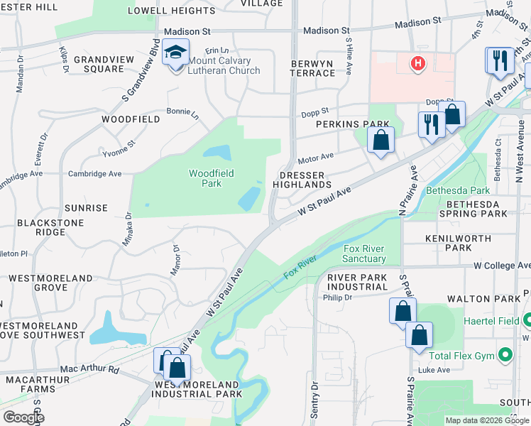 map of restaurants, bars, coffee shops, grocery stores, and more near 564 South Moreland Boulevard in Waukesha