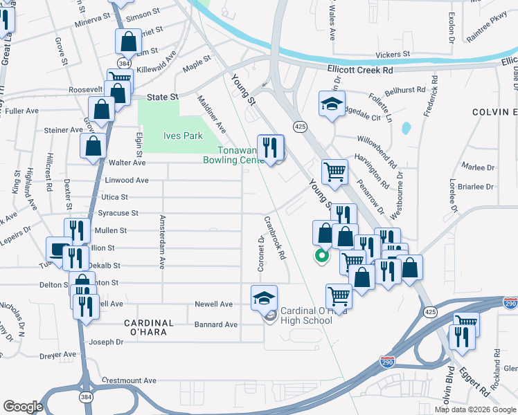 map of restaurants, bars, coffee shops, grocery stores, and more near 85 Cranbrook Road in Tonawanda