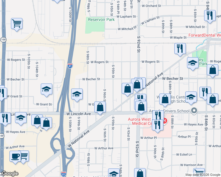 map of restaurants, bars, coffee shops, grocery stores, and more near 2142 South 95th Street in West Allis