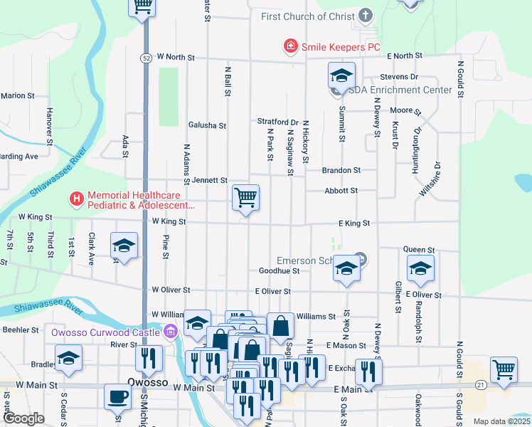 map of restaurants, bars, coffee shops, grocery stores, and more near 701 North Park Street in Owosso