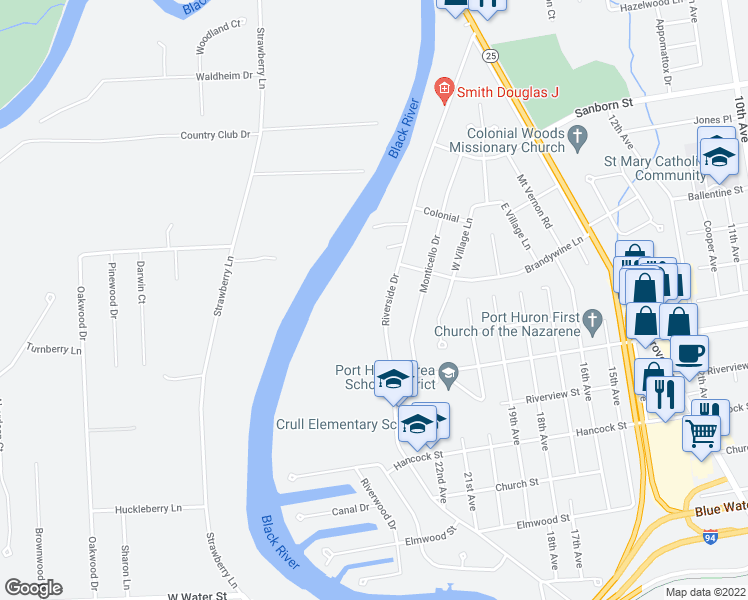 map of restaurants, bars, coffee shops, grocery stores, and more near 2915 Riverside Drive in Port Huron