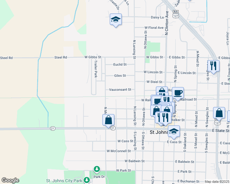 map of restaurants, bars, coffee shops, grocery stores, and more near 601 Vauconsant Street in Saint Johns
