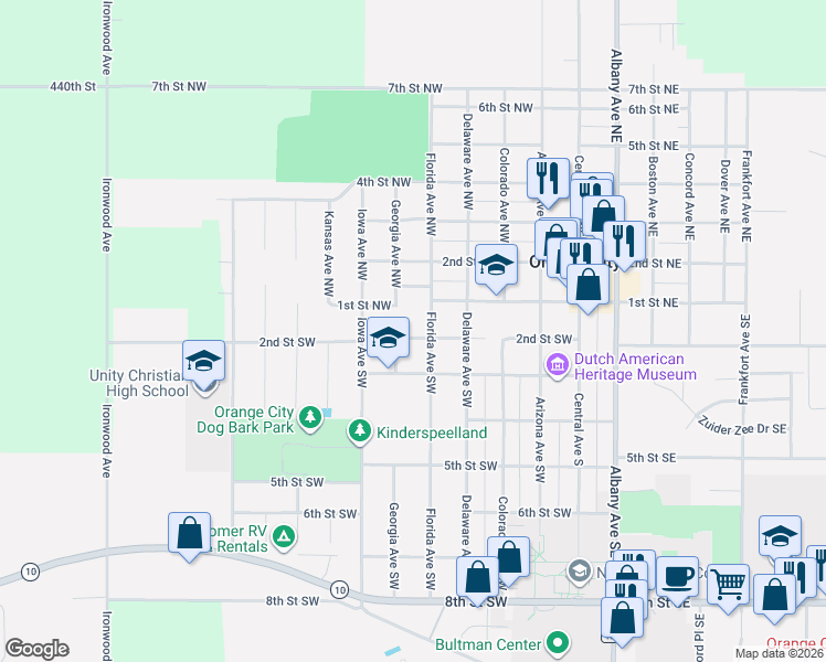 map of restaurants, bars, coffee shops, grocery stores, and more near 500-598 2nd Street Southwest in Orange City