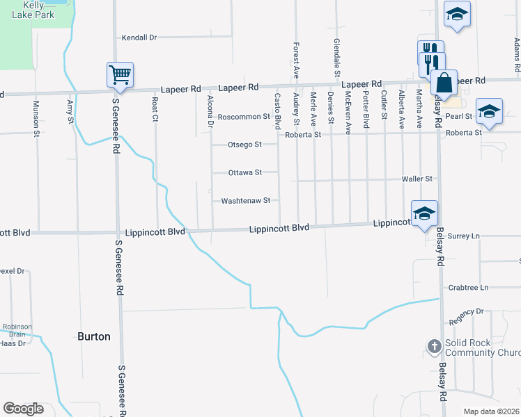 map of restaurants, bars, coffee shops, grocery stores, and more near 1490 Casto Boulevard in Burton