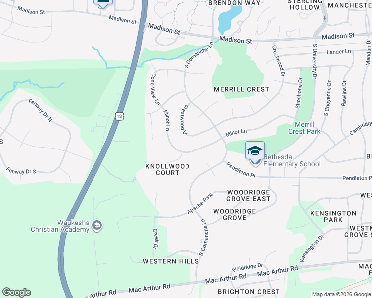 map of restaurants, bars, coffee shops, grocery stores, and more near 2936 Minot Lane in Waukesha
