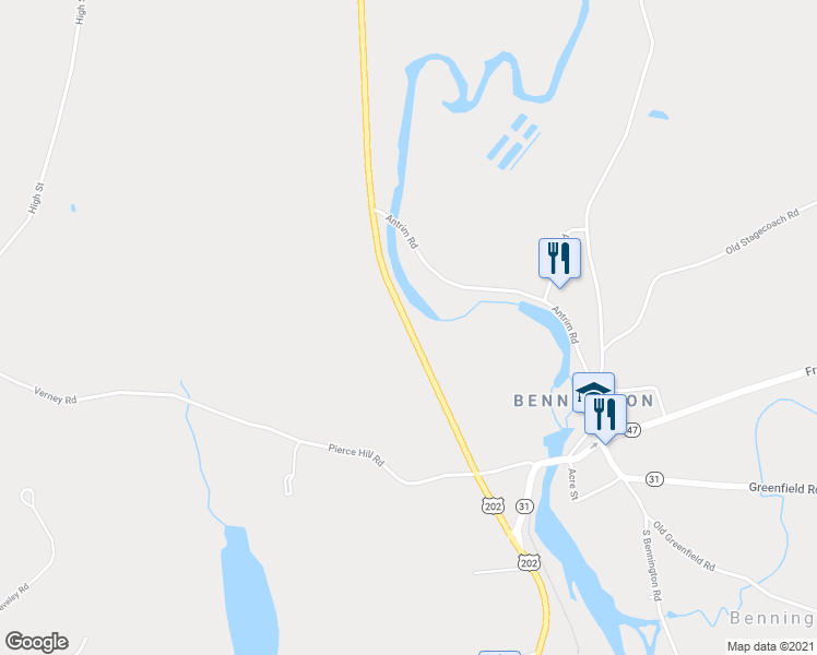 map of restaurants, bars, coffee shops, grocery stores, and more near 399 Main Street in Bennington