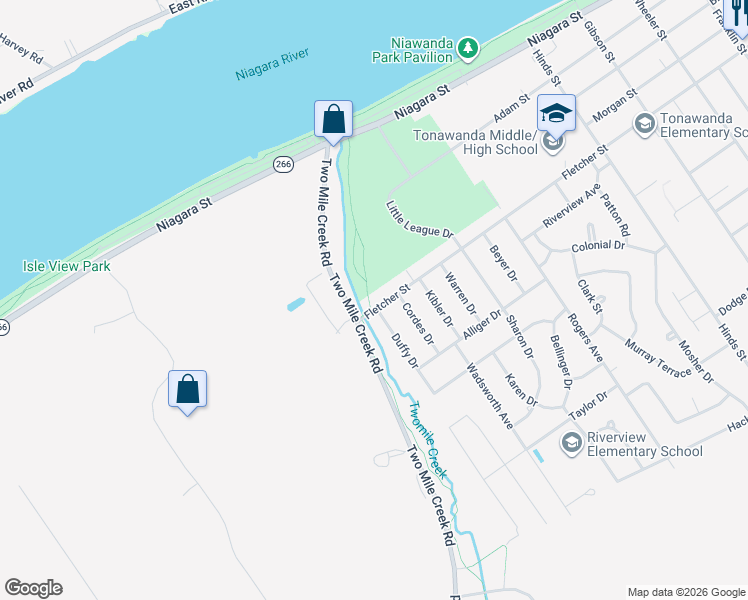 map of restaurants, bars, coffee shops, grocery stores, and more near 779 Fletcher Street in Tonawanda