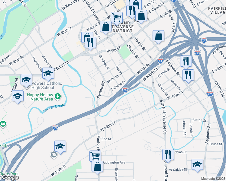 map of restaurants, bars, coffee shops, grocery stores, and more near 1301 Ann Arbor Street in Flint