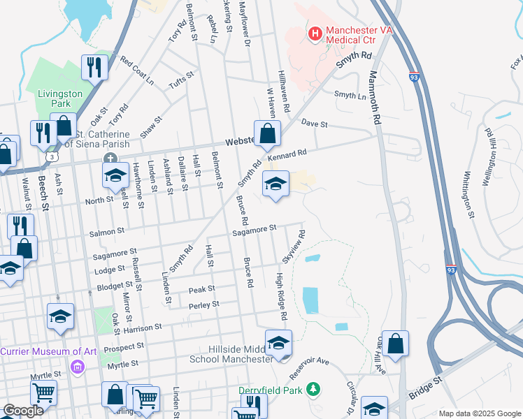 map of restaurants, bars, coffee shops, grocery stores, and more near 245 Bruce Road in Manchester