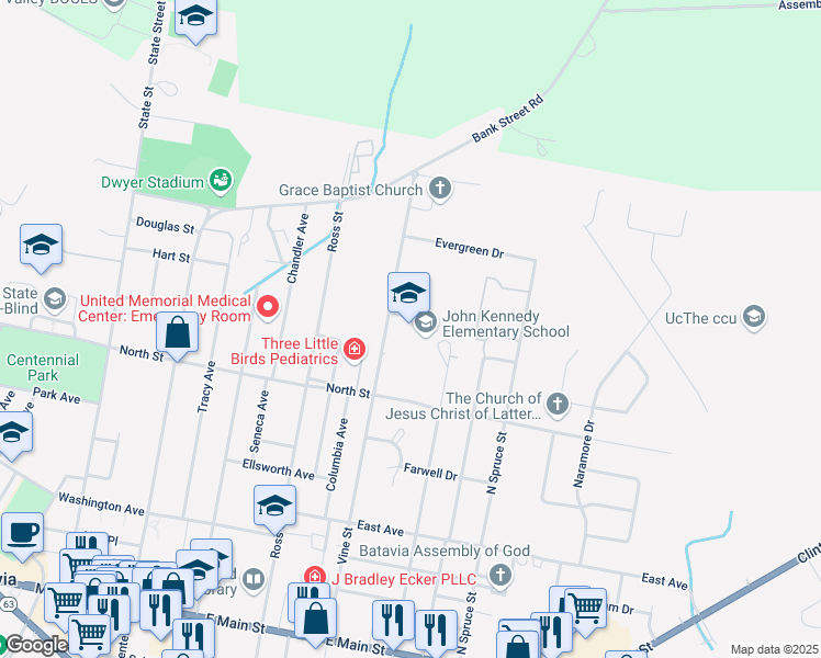 map of restaurants, bars, coffee shops, grocery stores, and more near 166 Vine Street in Batavia