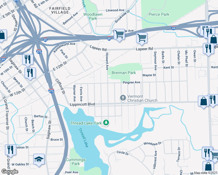 map of restaurants, bars, coffee shops, grocery stores, and more near 2022 Aitken Avenue in Flint