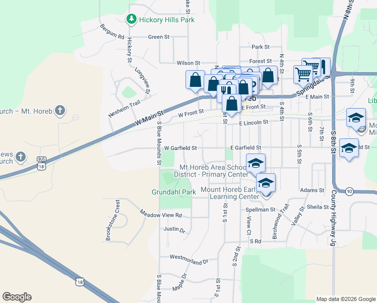 map of restaurants, bars, coffee shops, grocery stores, and more near 212 Buechner Drive in Mount Horeb