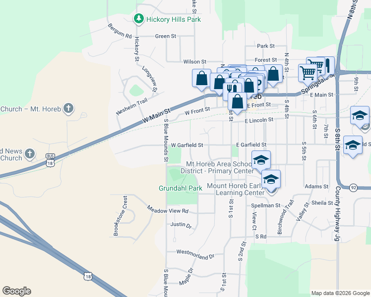 map of restaurants, bars, coffee shops, grocery stores, and more near 301 West Garfield Street in Mount Horeb
