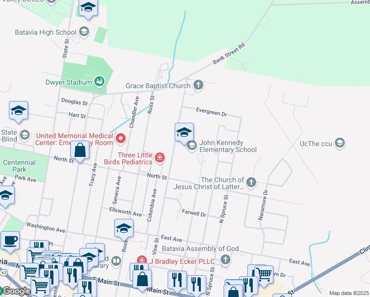 map of restaurants, bars, coffee shops, grocery stores, and more near 166 Vine Street in Batavia