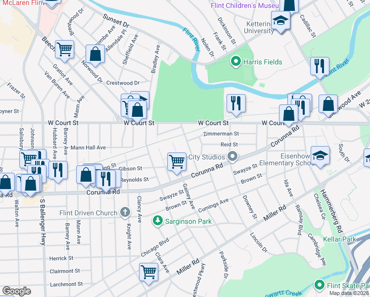 map of restaurants, bars, coffee shops, grocery stores, and more near 986 Farnum Avenue in Flint