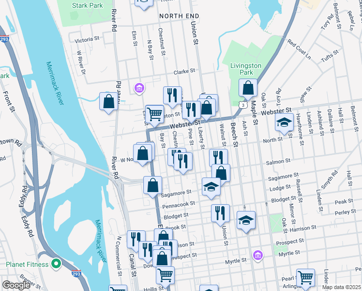 map of restaurants, bars, coffee shops, grocery stores, and more near 36 North Street in Manchester