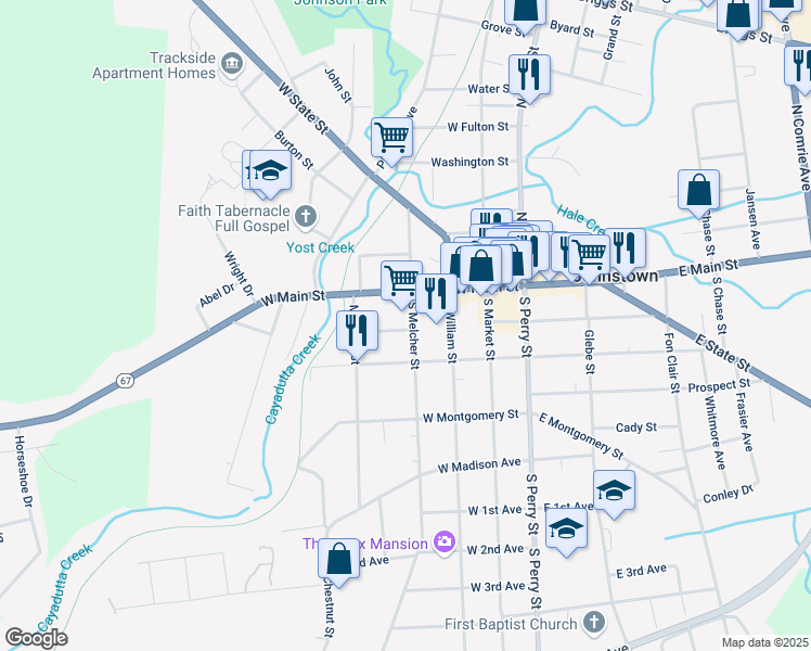 map of restaurants, bars, coffee shops, grocery stores, and more near 21 South Melcher Street in Johnstown