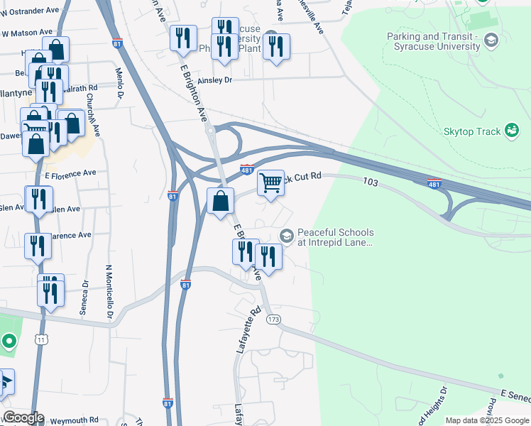 map of restaurants, bars, coffee shops, grocery stores, and more near in Syracuse