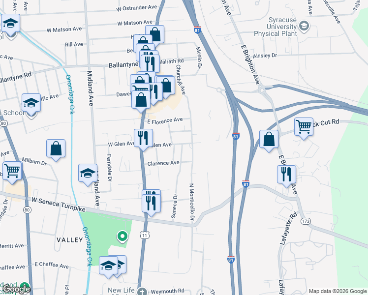 map of restaurants, bars, coffee shops, grocery stores, and more near 116 Seneca Drive in Syracuse