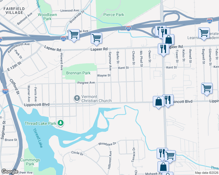 map of restaurants, bars, coffee shops, grocery stores, and more near 2021 McAvoy Street in Flint