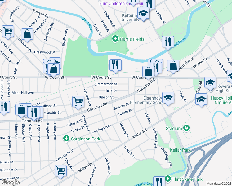 map of restaurants, bars, coffee shops, grocery stores, and more near 2314 Gibson Street in Flint