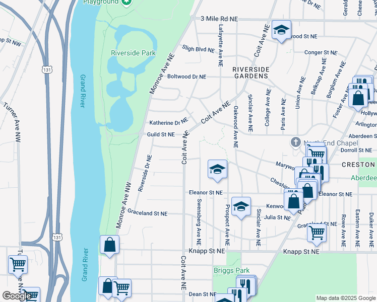 map of restaurants, bars, coffee shops, grocery stores, and more near 2305 Lawrence Street Northeast in Grand Rapids