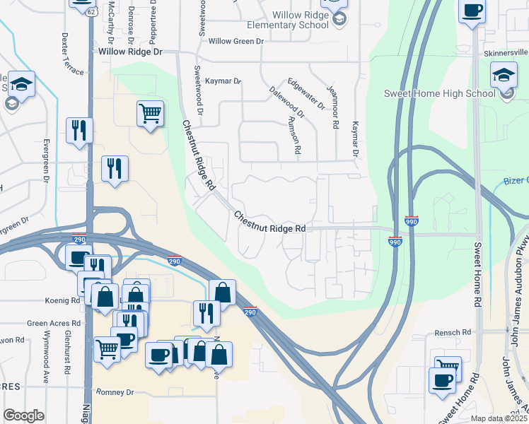map of restaurants, bars, coffee shops, grocery stores, and more near 3416 Deer Lakes Drive in Amherst