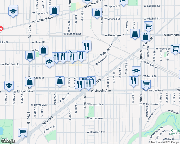 map of restaurants, bars, coffee shops, grocery stores, and more near 2150 South 67th Place in West Allis