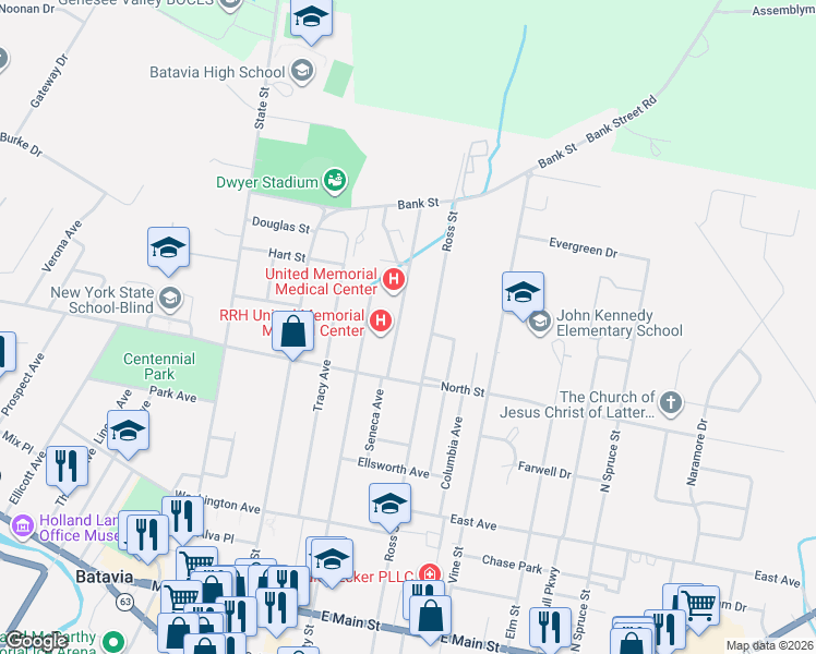 map of restaurants, bars, coffee shops, grocery stores, and more near 10 Chandler Avenue in Batavia