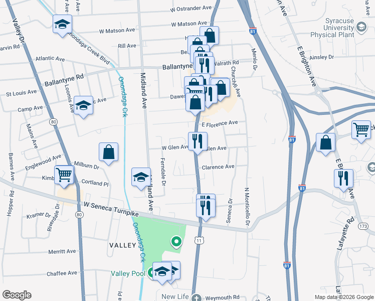 map of restaurants, bars, coffee shops, grocery stores, and more near 4400 South Salina Street in Syracuse