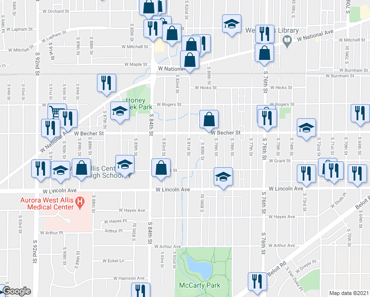 map of restaurants, bars, coffee shops, grocery stores, and more near 2139 South 81st Street in Milwaukee