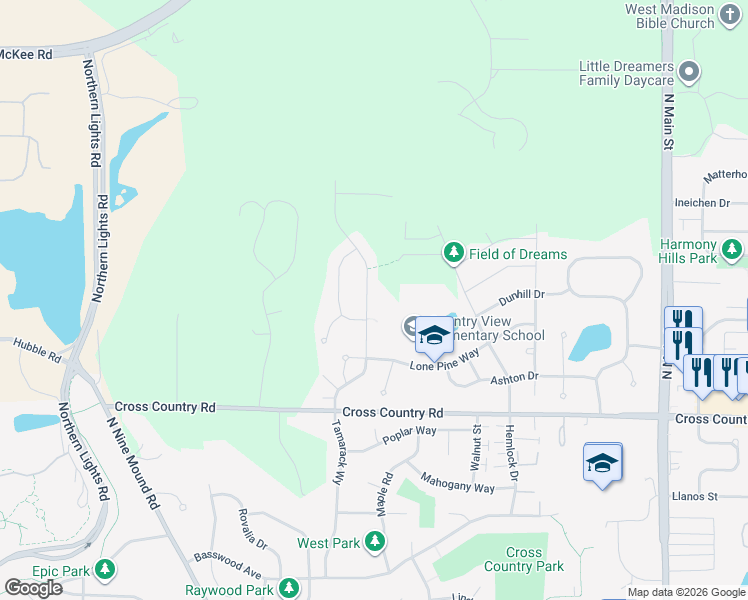 map of restaurants, bars, coffee shops, grocery stores, and more near 1245 Tamarack Way in Verona