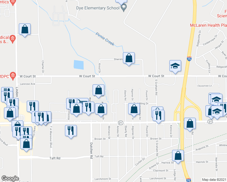 map of restaurants, bars, coffee shops, grocery stores, and more near 1506 Coachlight Court in Flint