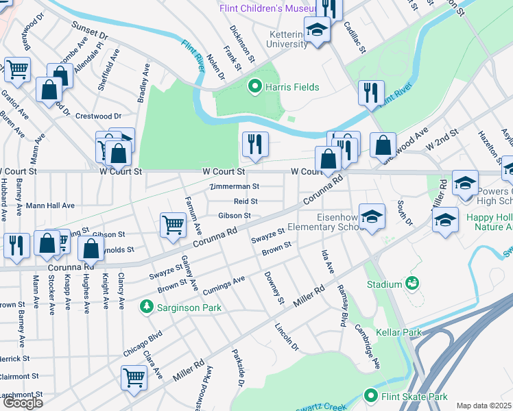 map of restaurants, bars, coffee shops, grocery stores, and more near 2314 Gibson Street in Flint